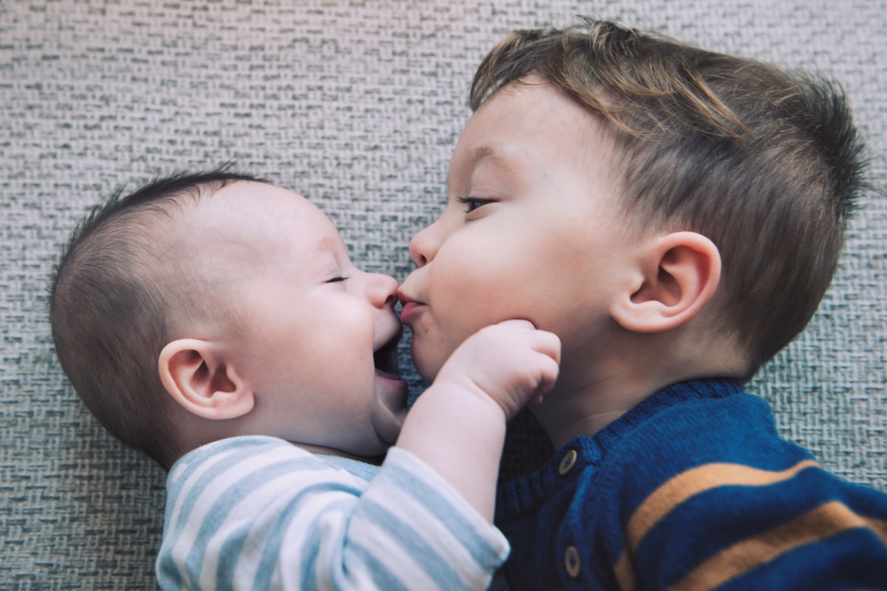 Toddler,Baby,Boy,Kisses,His,Happy,Brother